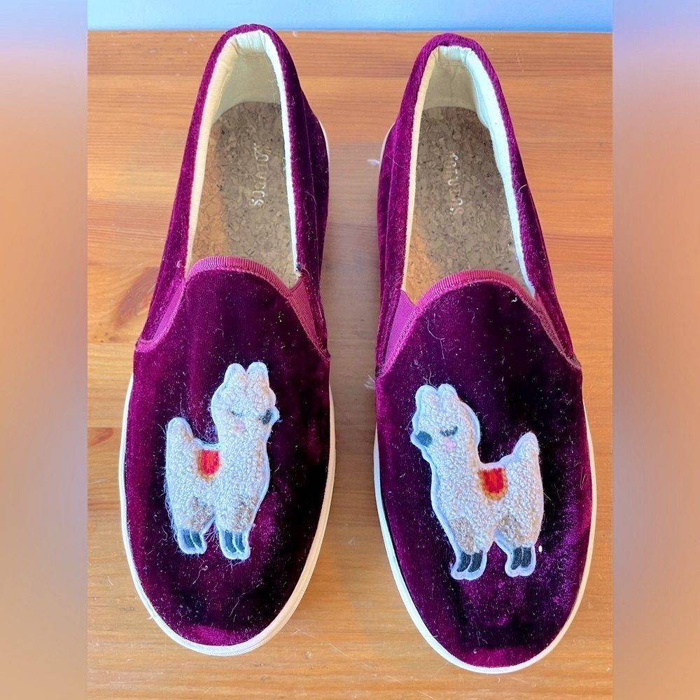 Soludos Velvet Slip-On Sneakers in Deep Purple with Llama Patch